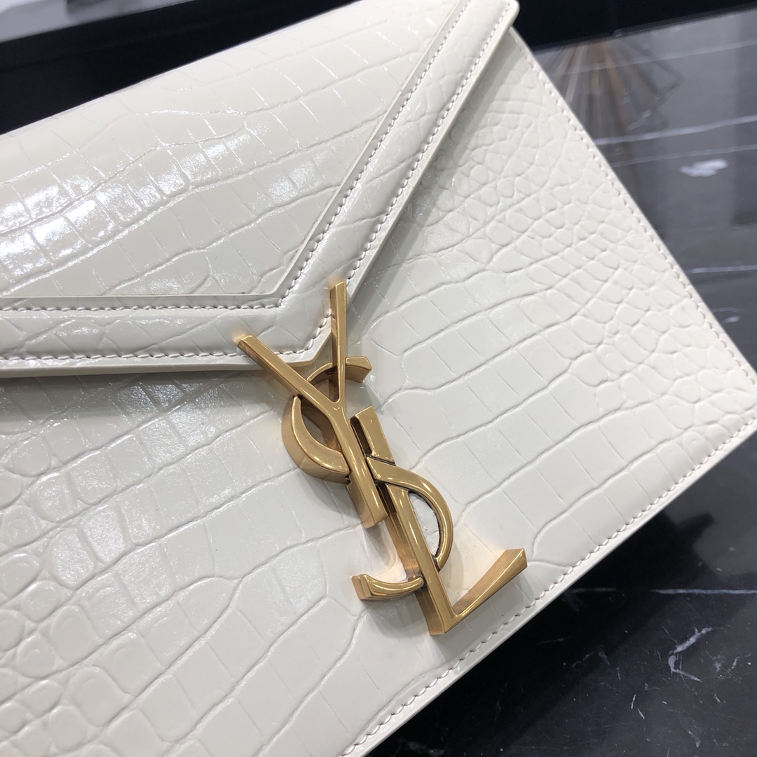 Saint Laurent Cassandera Medium Crocodile Embossed Bright Calfskin Shoulder Bag White 532750